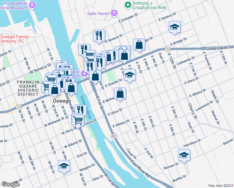 map of restaurants, bars, coffee shops, grocery stores, and more near 111 East 3rd Street in Oswego