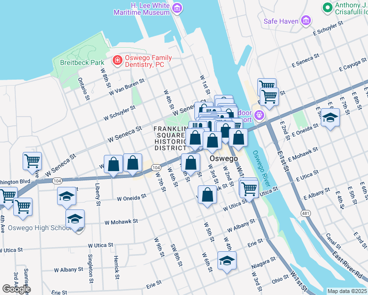map of restaurants, bars, coffee shops, grocery stores, and more near 102 West 4th Street in Oswego