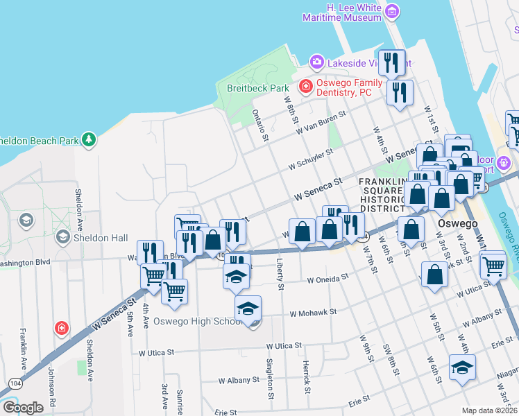 map of restaurants, bars, coffee shops, grocery stores, and more near 64 Liberty Street in Oswego