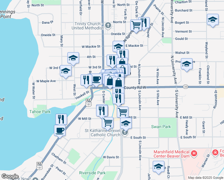map of restaurants, bars, coffee shops, grocery stores, and more near 112 Front Street in Beaver Dam