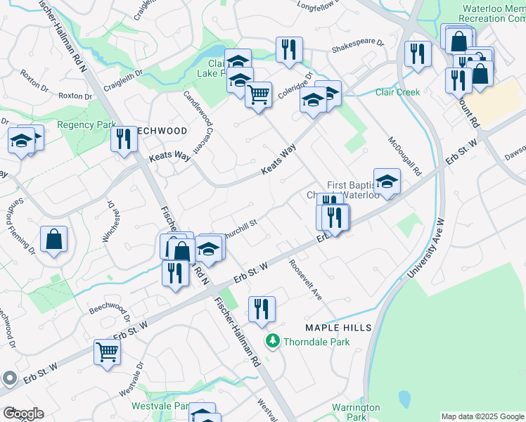 map of restaurants, bars, coffee shops, grocery stores, and more near 75 Churchill Street in Waterloo