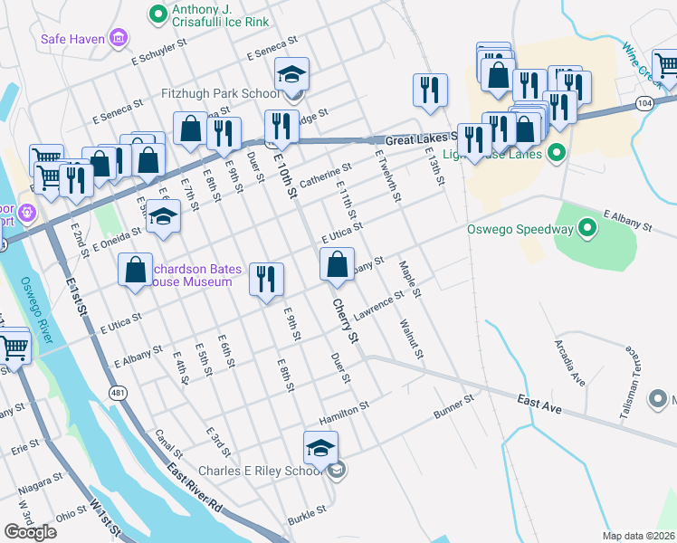 map of restaurants, bars, coffee shops, grocery stores, and more near 261 East 10th Street in Oswego