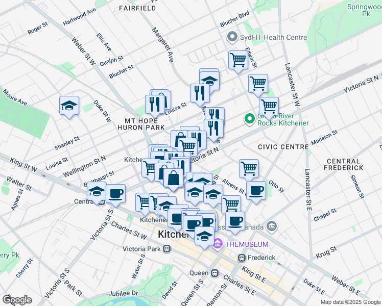 map of restaurants, bars, coffee shops, grocery stores, and more near 108 Ahrens Street West in Kitchener