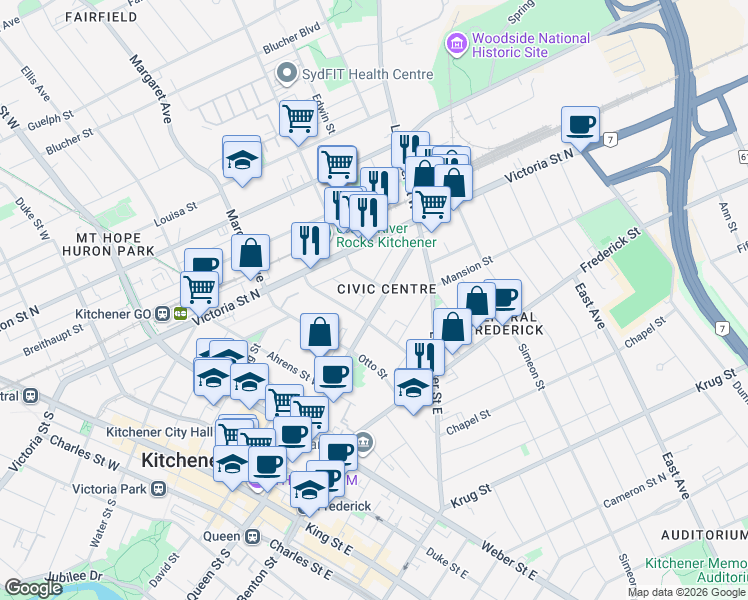 map of restaurants, bars, coffee shops, grocery stores, and more near 142 Queen Street North in Kitchener