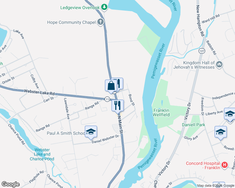 map of restaurants, bars, coffee shops, grocery stores, and more near 1 Hill Road in Franklin
