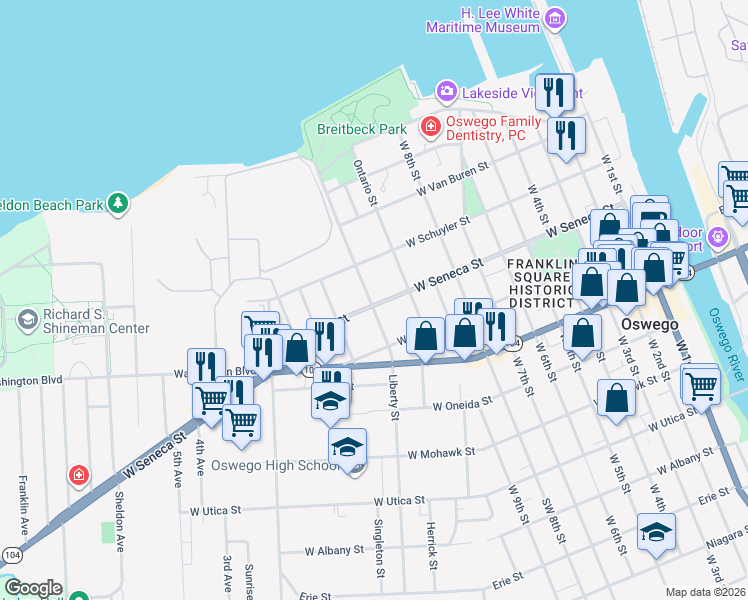 map of restaurants, bars, coffee shops, grocery stores, and more near 64 Liberty Street in Oswego