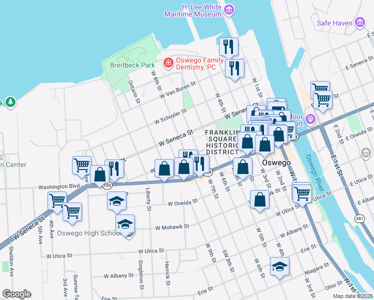 map of restaurants, bars, coffee shops, grocery stores, and more near 93 West 8th Street in Oswego
