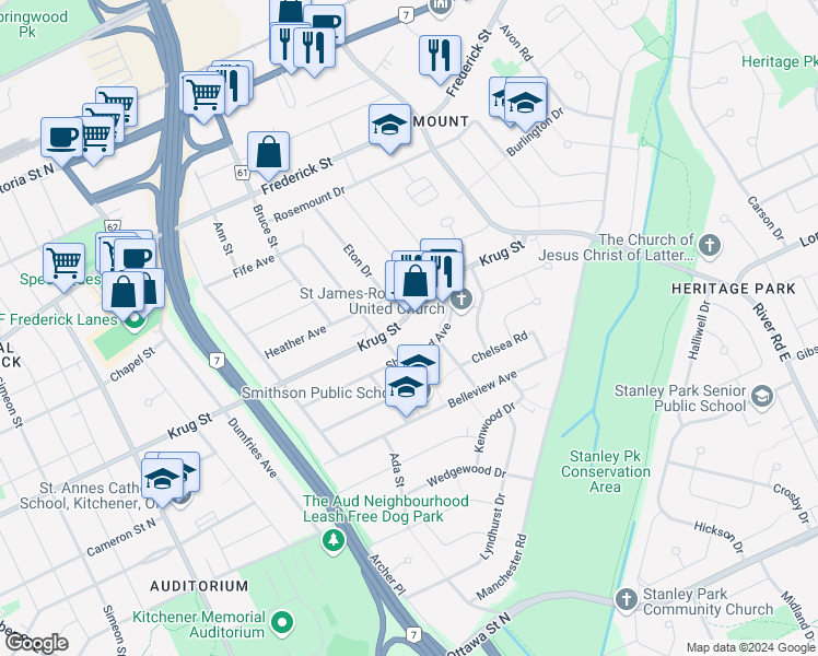 map of restaurants, bars, coffee shops, grocery stores, and more near 499 Krug Street in Kitchener