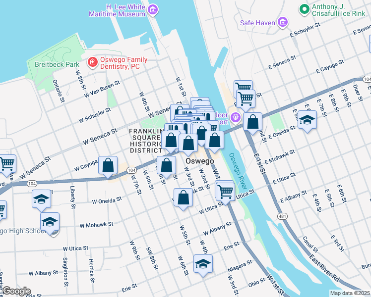map of restaurants, bars, coffee shops, grocery stores, and more near 115 West 3rd Street in Oswego