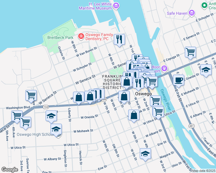map of restaurants, bars, coffee shops, grocery stores, and more near 66 West Cayuga Street in Oswego