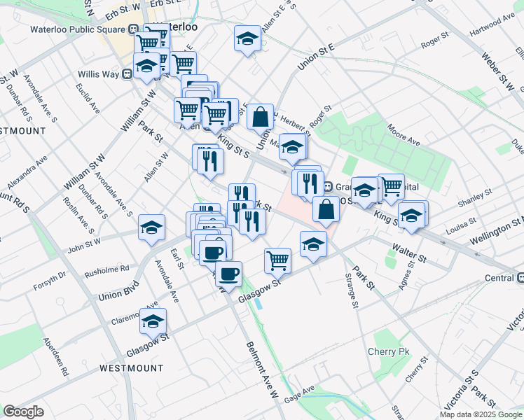 map of restaurants, bars, coffee shops, grocery stores, and more near in Kitchener
