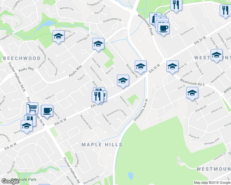 map of restaurants, bars, coffee shops, grocery stores, and more near 32 A Karen Walk in Waterloo