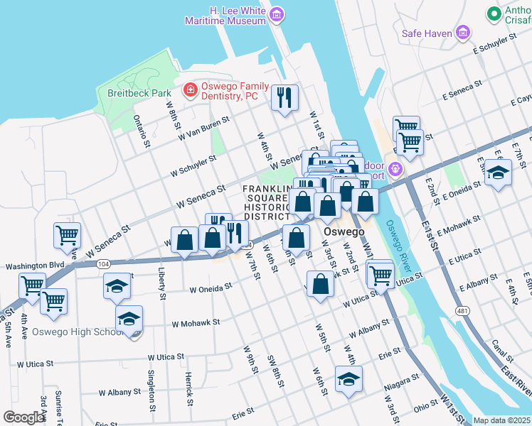 map of restaurants, bars, coffee shops, grocery stores, and more near 66 West Cayuga Street in Oswego