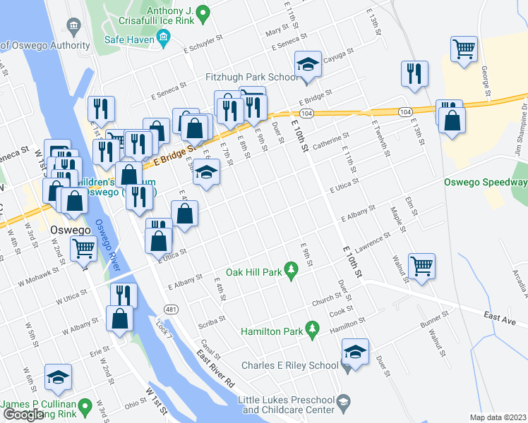 map of restaurants, bars, coffee shops, grocery stores, and more near 95 East Utica Street in Oswego