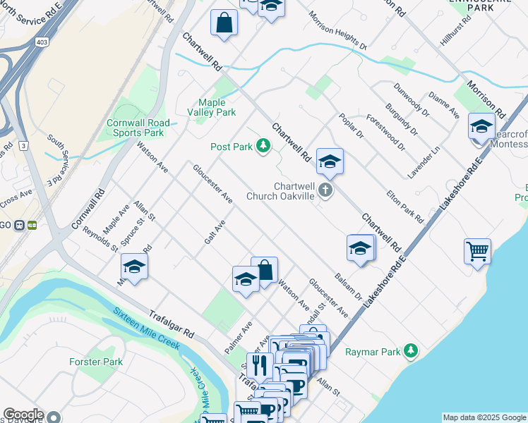 map of restaurants, bars, coffee shops, grocery stores, and more near 280 Balsam Drive in Oakville