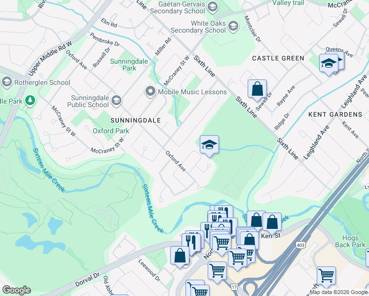 map of restaurants, bars, coffee shops, grocery stores, and more near 126 Osborne Crescent in Oakville