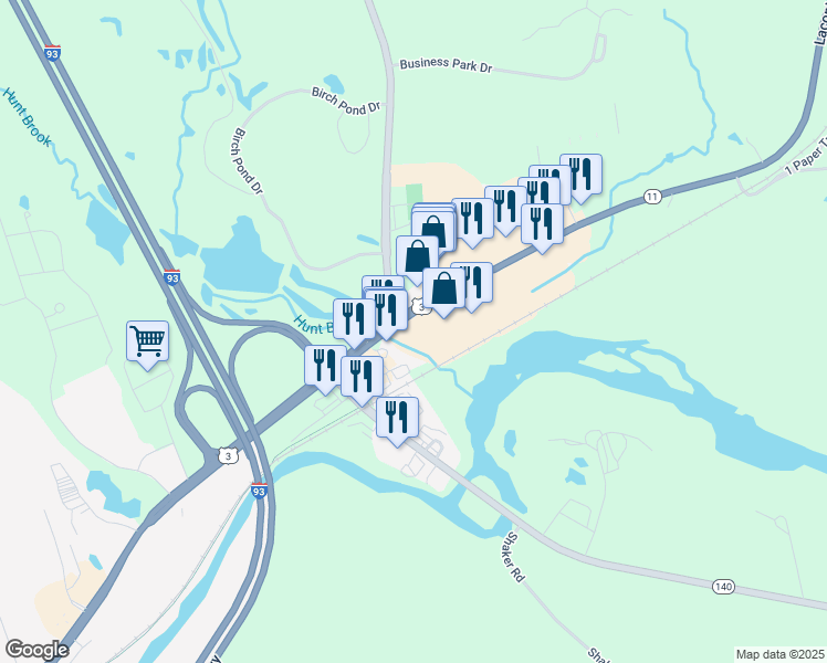 map of restaurants, bars, coffee shops, grocery stores, and more near 75 Laconia Road in Tilton