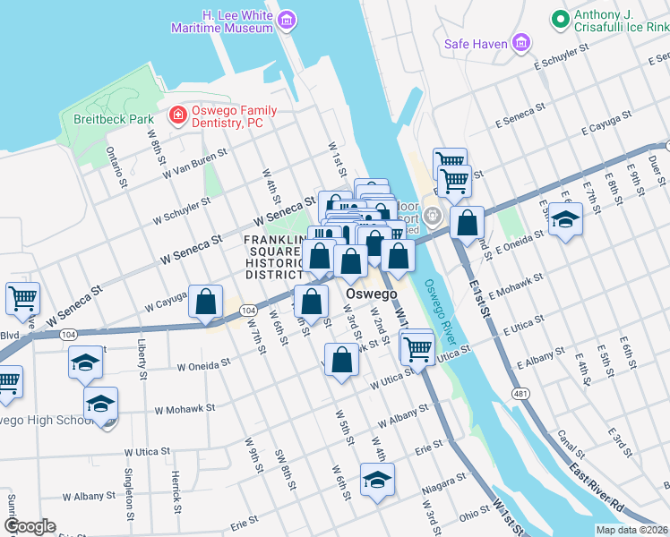 map of restaurants, bars, coffee shops, grocery stores, and more near 115 West 3rd Street in Oswego
