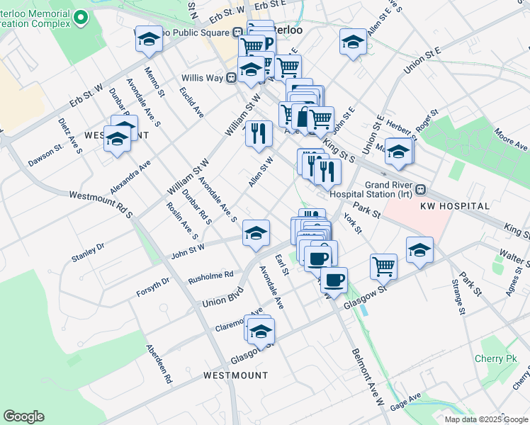 map of restaurants, bars, coffee shops, grocery stores, and more near 74 John Street West in Waterloo
