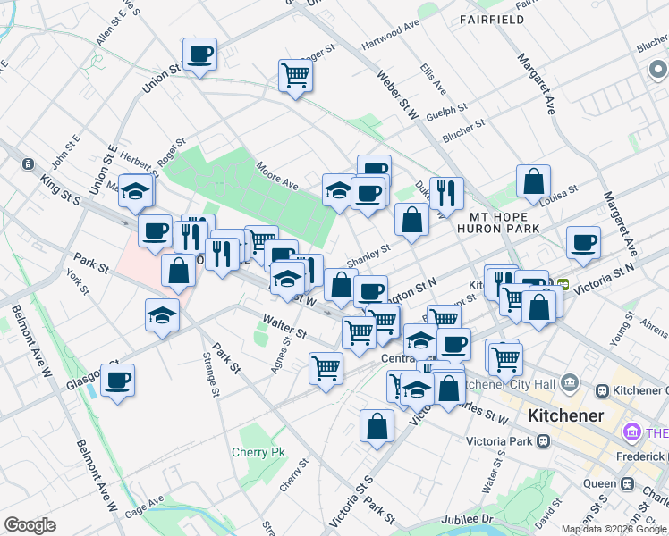 map of restaurants, bars, coffee shops, grocery stores, and more near in Kitchener