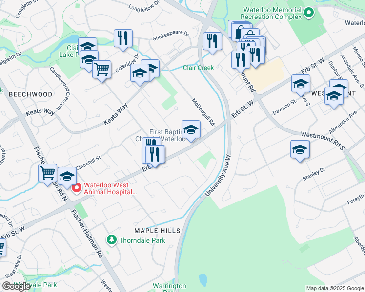 map of restaurants, bars, coffee shops, grocery stores, and more near 314 Erb Street West in Waterloo
