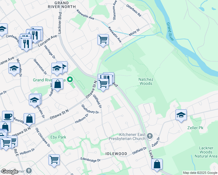 map of restaurants, bars, coffee shops, grocery stores, and more near 1405 Ottawa Street North in Kitchener