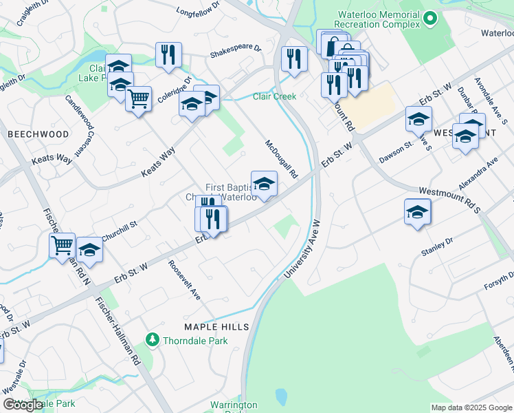 map of restaurants, bars, coffee shops, grocery stores, and more near 312 Erb Street West in Waterloo