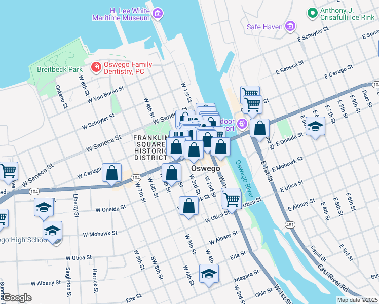 map of restaurants, bars, coffee shops, grocery stores, and more near 115 West 3rd Street in Oswego