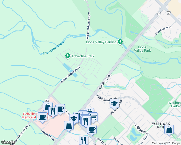 map of restaurants, bars, coffee shops, grocery stores, and more near 1343-1361 Dundas Street West in Oakville