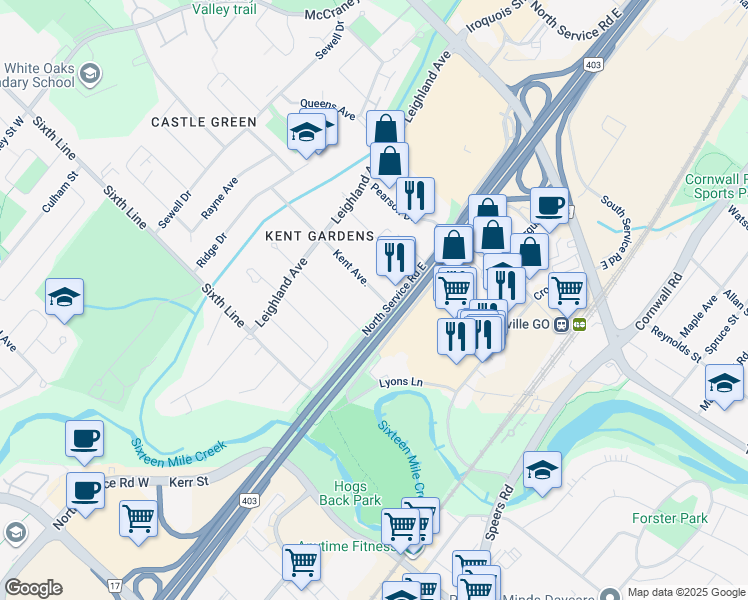 map of restaurants, bars, coffee shops, grocery stores, and more near 1020 Kent Avenue in Oakville