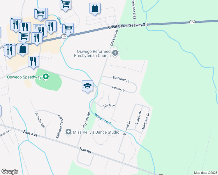 map of restaurants, bars, coffee shops, grocery stores, and more near 18 Beech Drive in Oswego