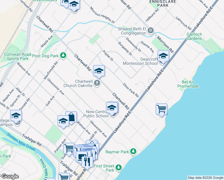 map of restaurants, bars, coffee shops, grocery stores, and more near 185 Chartwell Road in Oakville