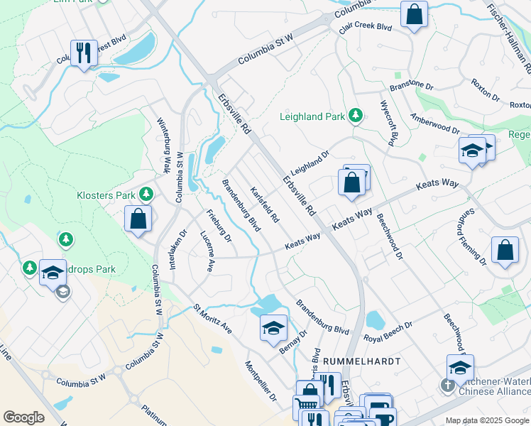 map of restaurants, bars, coffee shops, grocery stores, and more near 741 Karlsfeld Road in Waterloo
