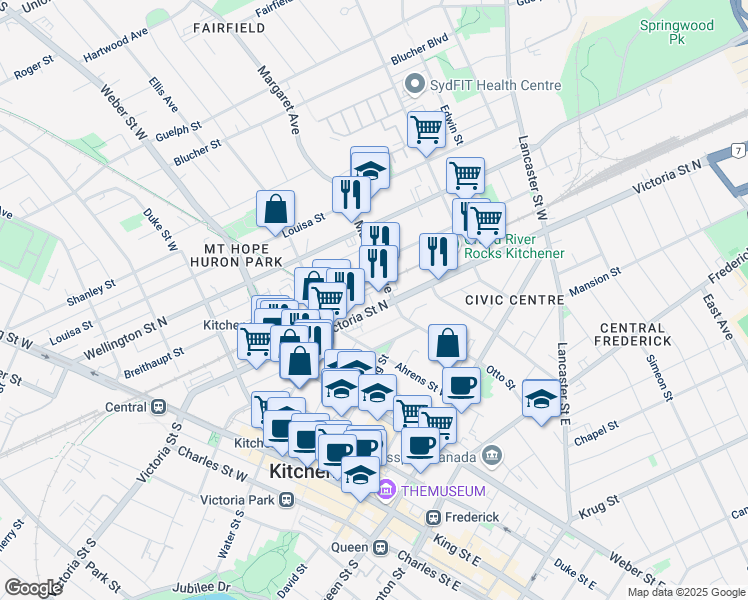 map of restaurants, bars, coffee shops, grocery stores, and more near in Kitchener
