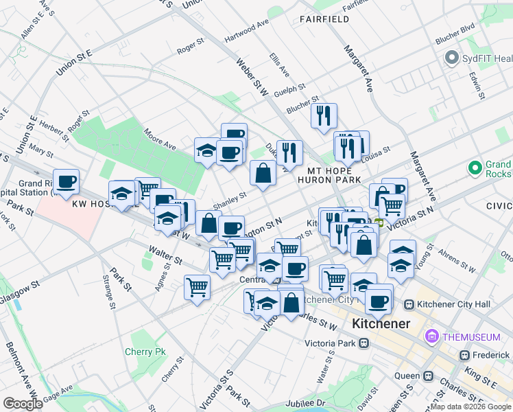 map of restaurants, bars, coffee shops, grocery stores, and more near 90 Louisa Street in Kitchener