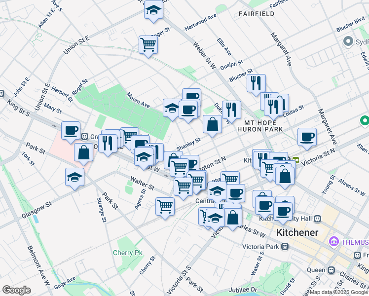 map of restaurants, bars, coffee shops, grocery stores, and more near 73 Shanley Street in Kitchener