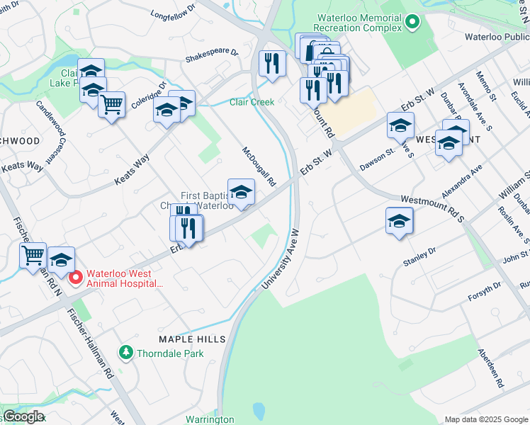 map of restaurants, bars, coffee shops, grocery stores, and more near 285 Erb Street West in Waterloo