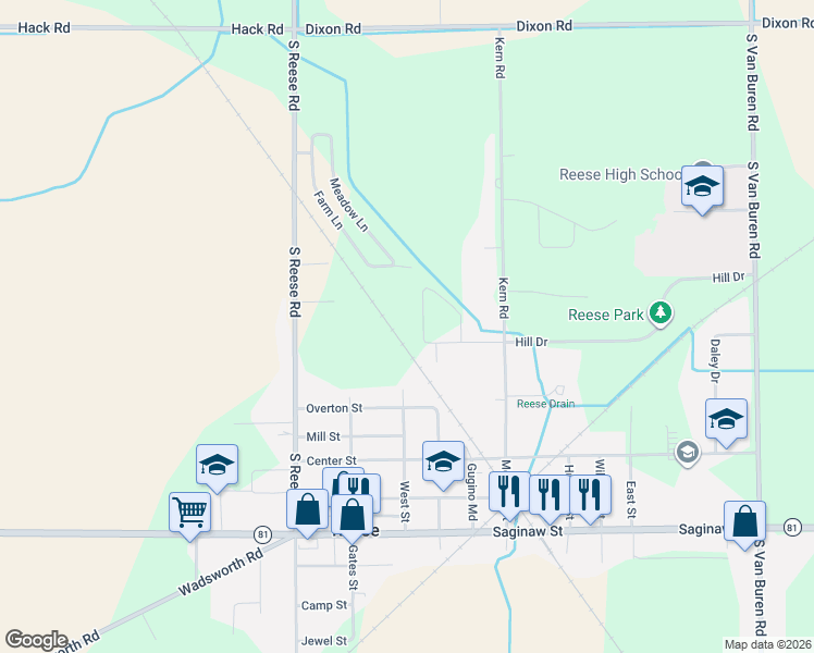 map of restaurants, bars, coffee shops, grocery stores, and more near 1804 Rhodes Street in Reese