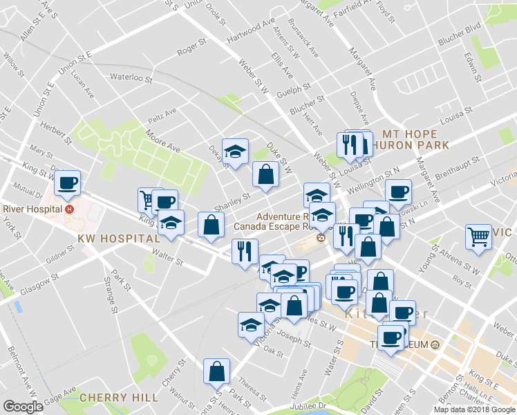 map of restaurants, bars, coffee shops, grocery stores, and more near 90 Louisa Street in Kitchener