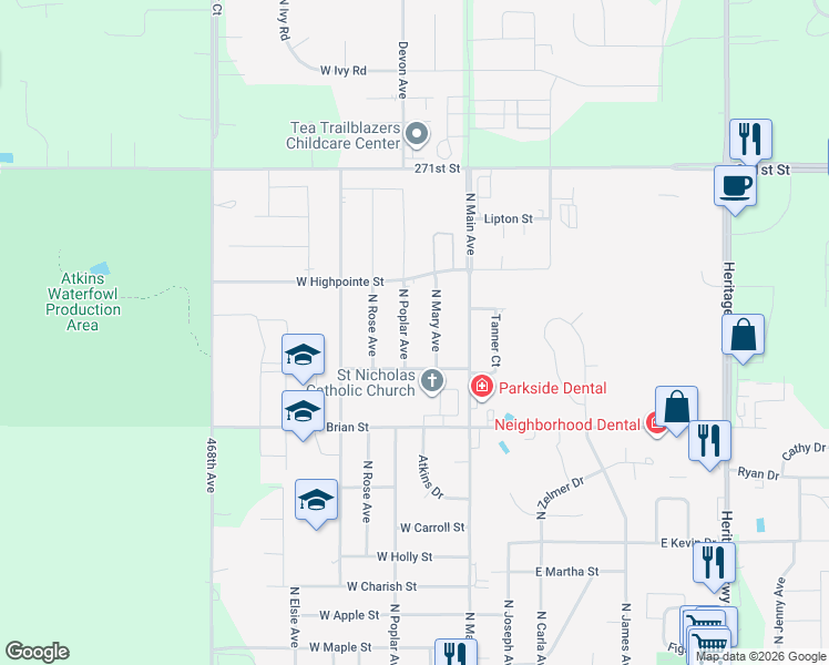 map of restaurants, bars, coffee shops, grocery stores, and more near 1030 North Poplar Avenue in Tea