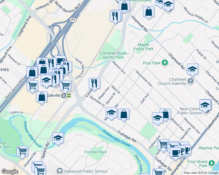 map of restaurants, bars, coffee shops, grocery stores, and more near 412 Allan Street in Oakville