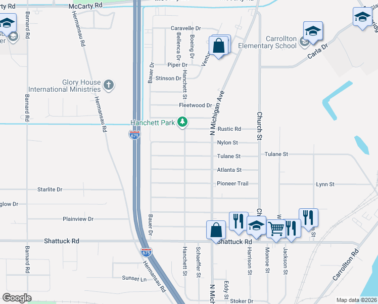 map of restaurants, bars, coffee shops, grocery stores, and more near 3410 Hanchett Street in Saginaw