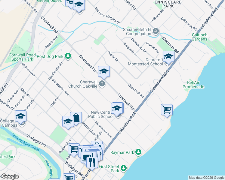map of restaurants, bars, coffee shops, grocery stores, and more near 185 Chartwell Road in Oakville