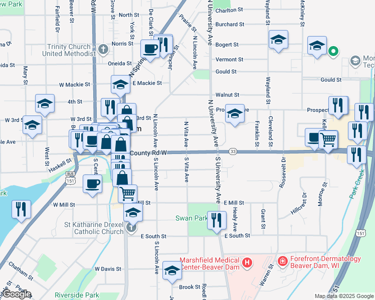 map of restaurants, bars, coffee shops, grocery stores, and more near 302 Park Avenue in Beaver Dam