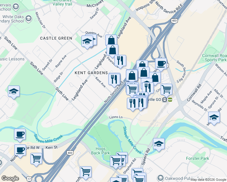 map of restaurants, bars, coffee shops, grocery stores, and more near 111 North Service Road East in Oakville