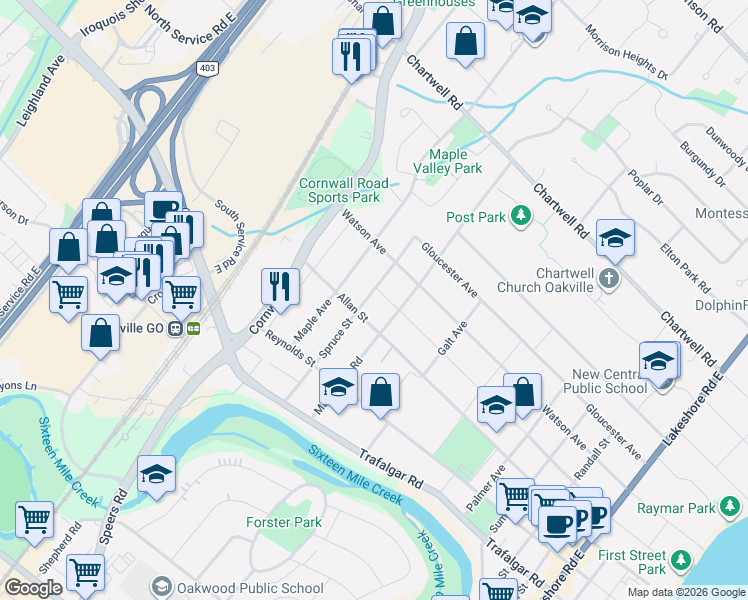 map of restaurants, bars, coffee shops, grocery stores, and more near 374 Spruce Street in Oakville
