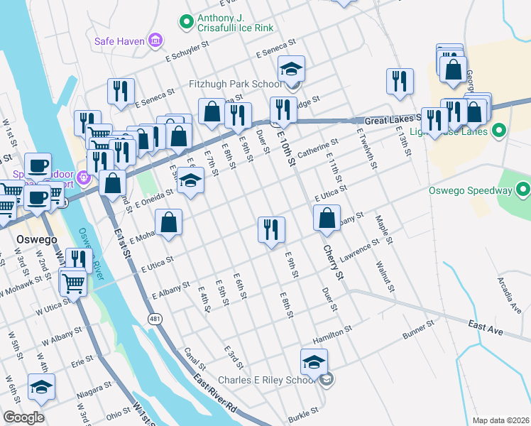 map of restaurants, bars, coffee shops, grocery stores, and more near 113 East Utica Street in Oswego