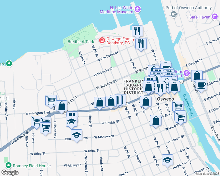 map of restaurants, bars, coffee shops, grocery stores, and more near 93 West 8th Street in Oswego