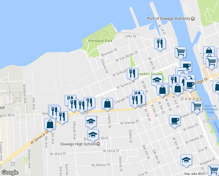 map of restaurants, bars, coffee shops, grocery stores, and more near 135 West Seneca Street in Oswego