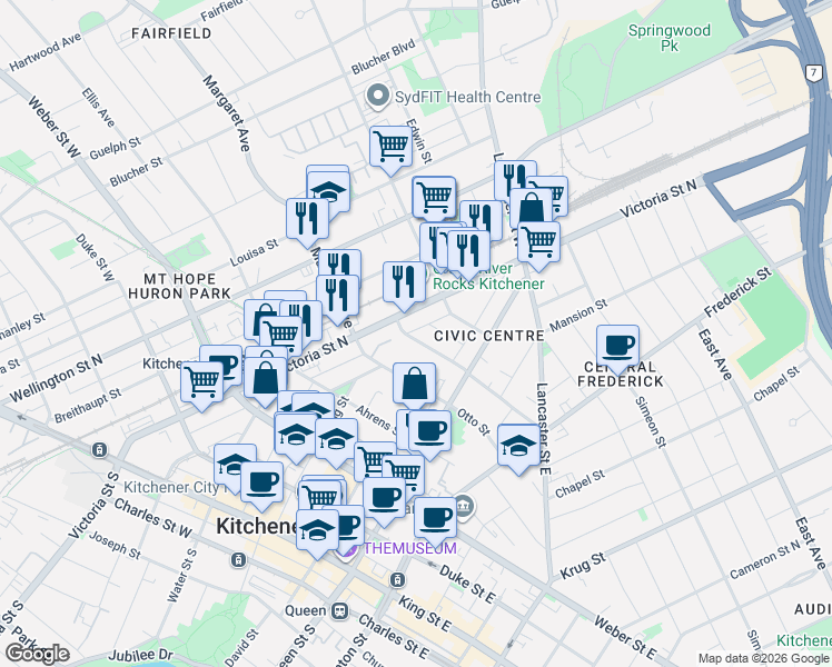 map of restaurants, bars, coffee shops, grocery stores, and more near in Kitchener